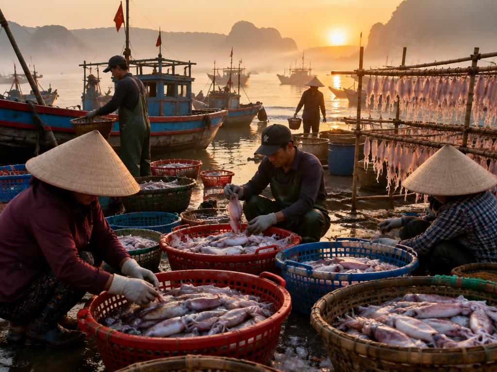 Ngư dân cảng Lagi phân loại mực tươi lúc rạng sáng